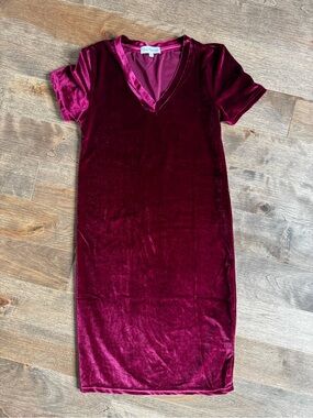 Velvet V-Neck Midi Dress in Burgundy by Pink Republic
